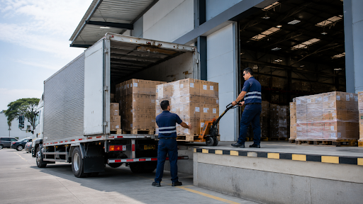 Equipo logístico subiendo los pedidos en el camión para entregas de ultima milla Colombia